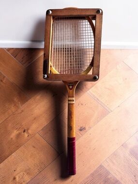 Vintage Framed Wooden Tennis Racket Court Star Display Wall Art